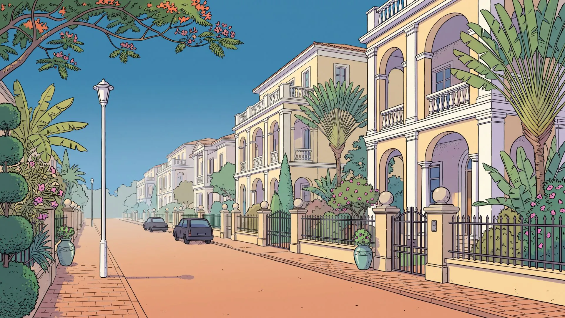 An empty terracotta-paved street lined with pale yellow and cream villas behind wrought-iron fences, with topiary, flowering shrubs and palm fronds crowding every gap