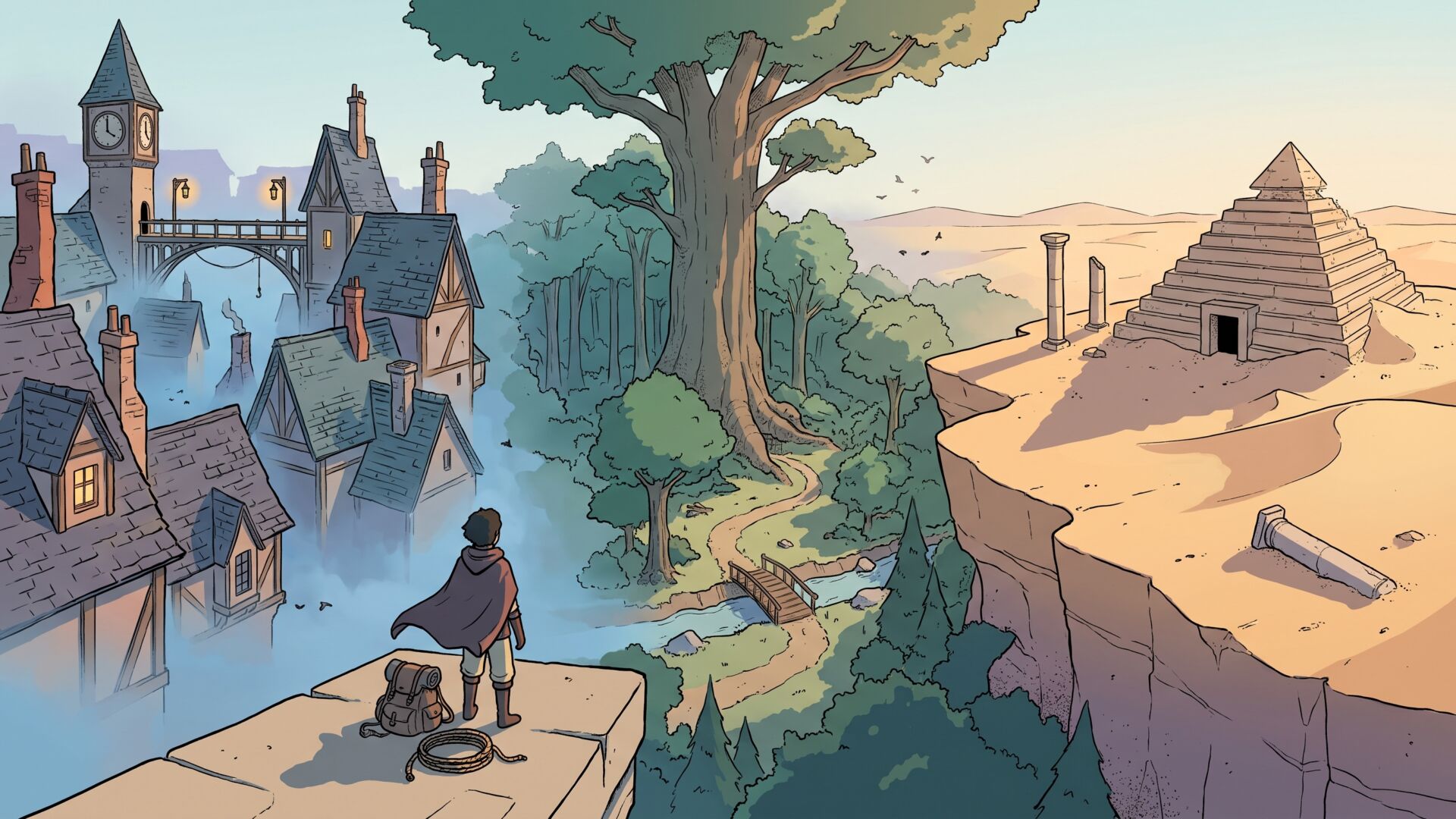 A lone figure with a rucksack and coiled rope stands on a stone ledge looking across a wide valley holding three landscapes at once: fog-covered slate rooftops and a clock tower on the left, a forest basin with one enormous ancient tree in the center, and a sun-bleached desert plateau with a half-buried stepped pyramid on the right