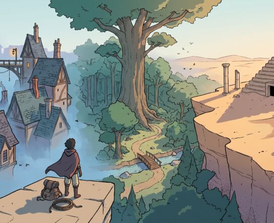 A lone figure with a rucksack and coiled rope stands on a stone ledge looking across a wide valley holding three landscapes at once: fog-covered slate rooftops and a clock tower on the left, a forest basin with one enormous ancient tree in the center, and a sun-bleached desert plateau with a half-buried stepped pyramid on the right