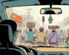 View from the back seat of a taxi stuck in morning traffic in District 4, Sài Gòn, motorbike riders packed shoulder to shoulder ahead, one balancing a stack of egg trays