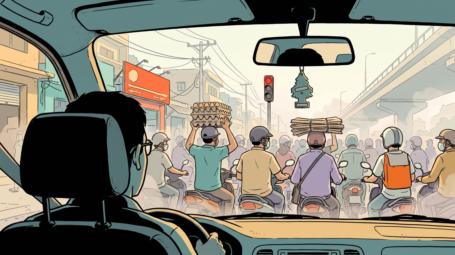 View from the back seat of a taxi stuck in morning traffic in District 4, Sài Gòn, motorbike riders packed shoulder to shoulder ahead, one balancing a stack of egg trays