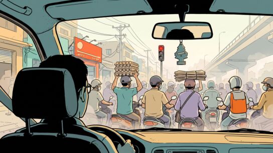 View from the back seat of a taxi stuck in morning traffic in District 4, Sài Gòn, motorbike riders packed shoulder to shoulder ahead, one balancing a stack of egg trays