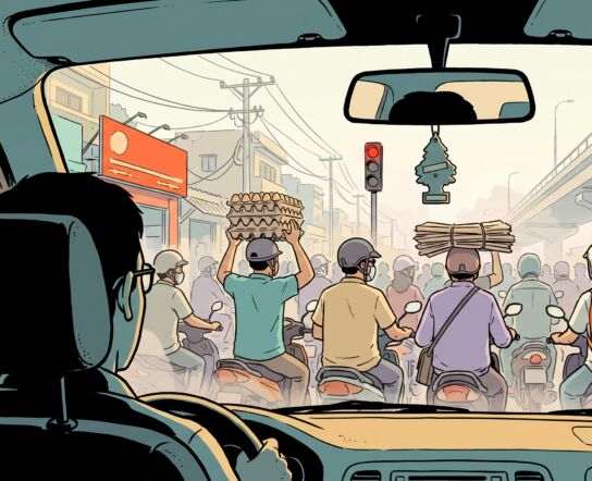 View from the back seat of a taxi stuck in morning traffic in District 4, Sài Gòn, motorbike riders packed shoulder to shoulder ahead, one balancing a stack of egg trays