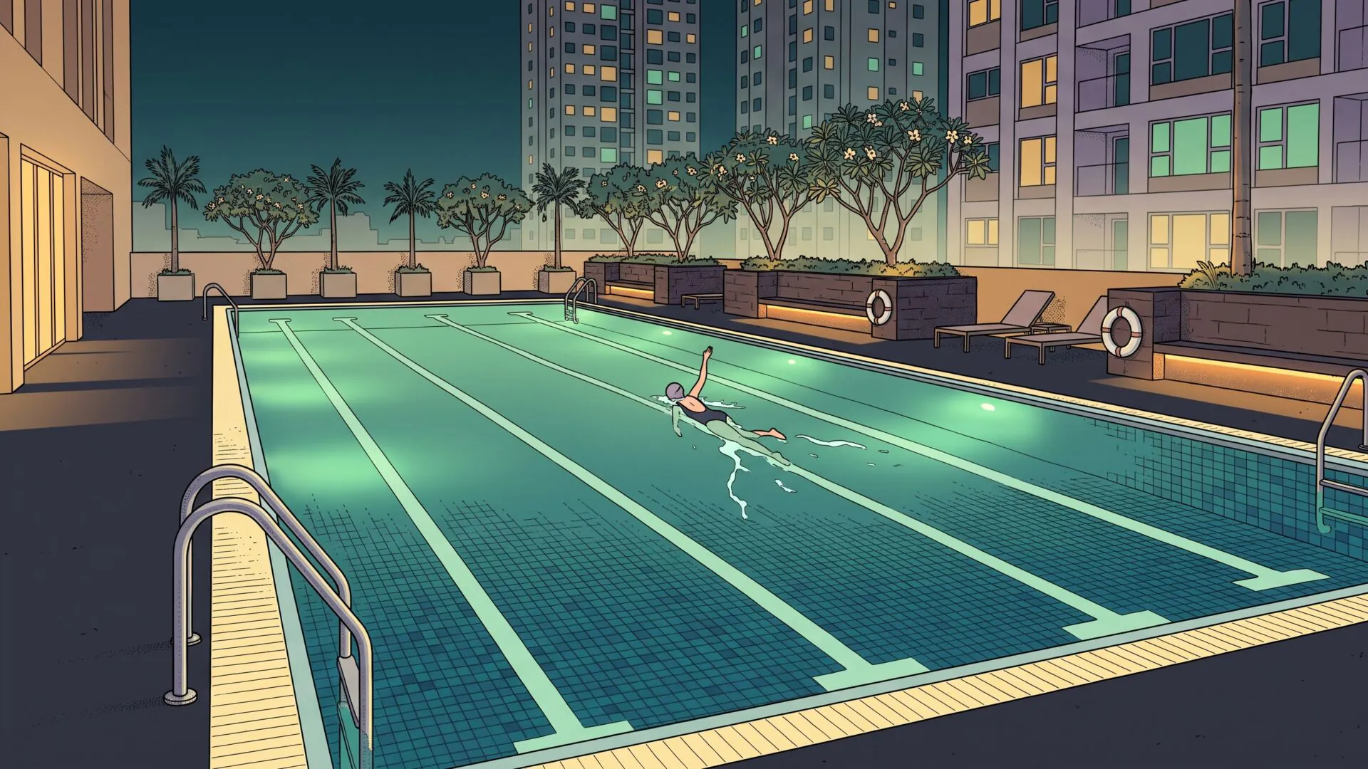 A lone swimmer at night in a condominium lap pool in Sài Gòn, seen down the length of the mosaic-tiled lanes with lit residential towers behind