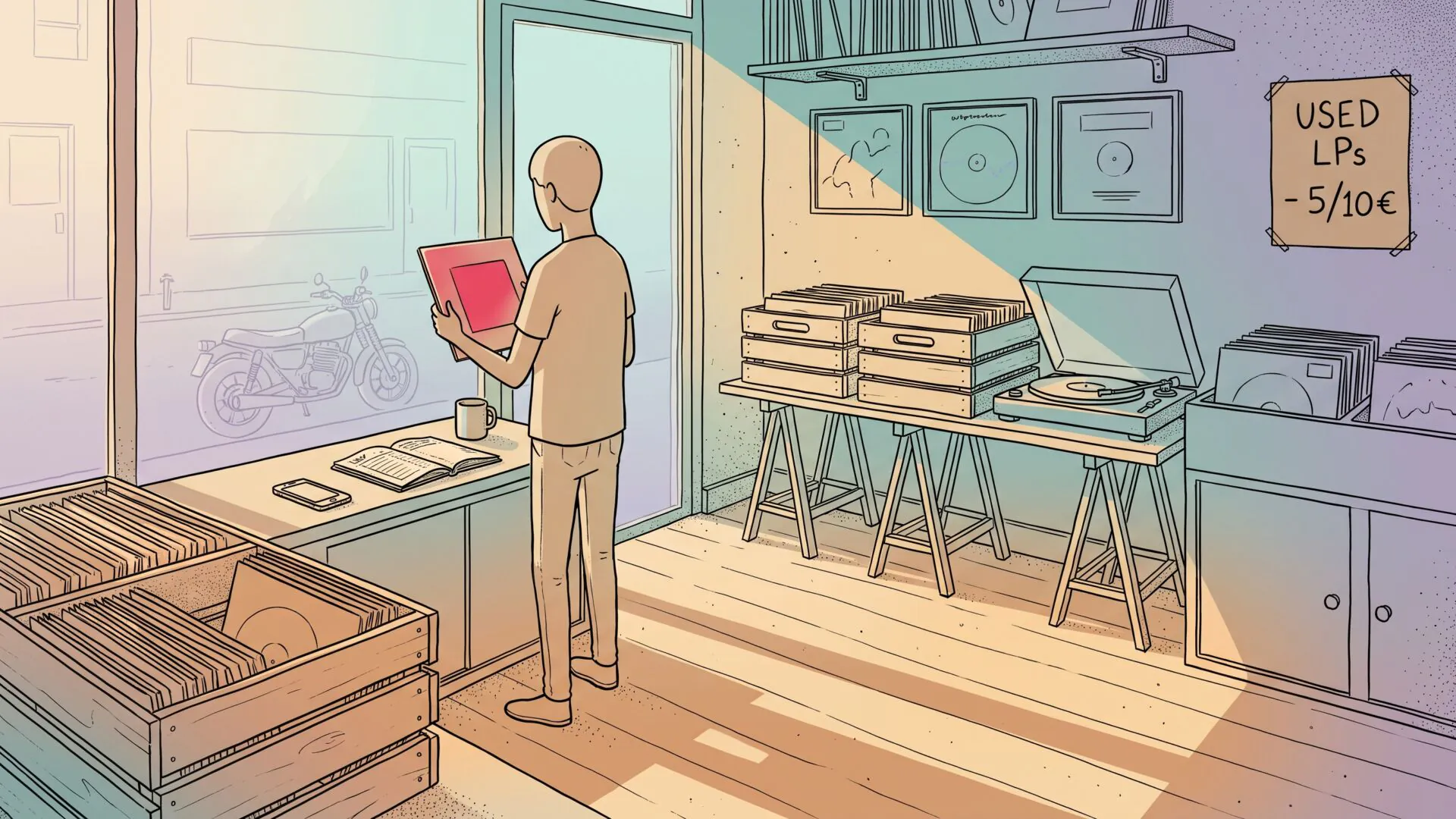 Interior of a small record shop in late afternoon light, a young customer holding an album sleeve up to the window while their phone lies face-down on the counter