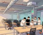 Illustration of an open-plan developer office with an exposed concrete ceiling, silver ducts and rows of wooden desks, where six young Vietnamese interns gather around a cake while a taller European man stands a step apart, watching them in the late afternoon light