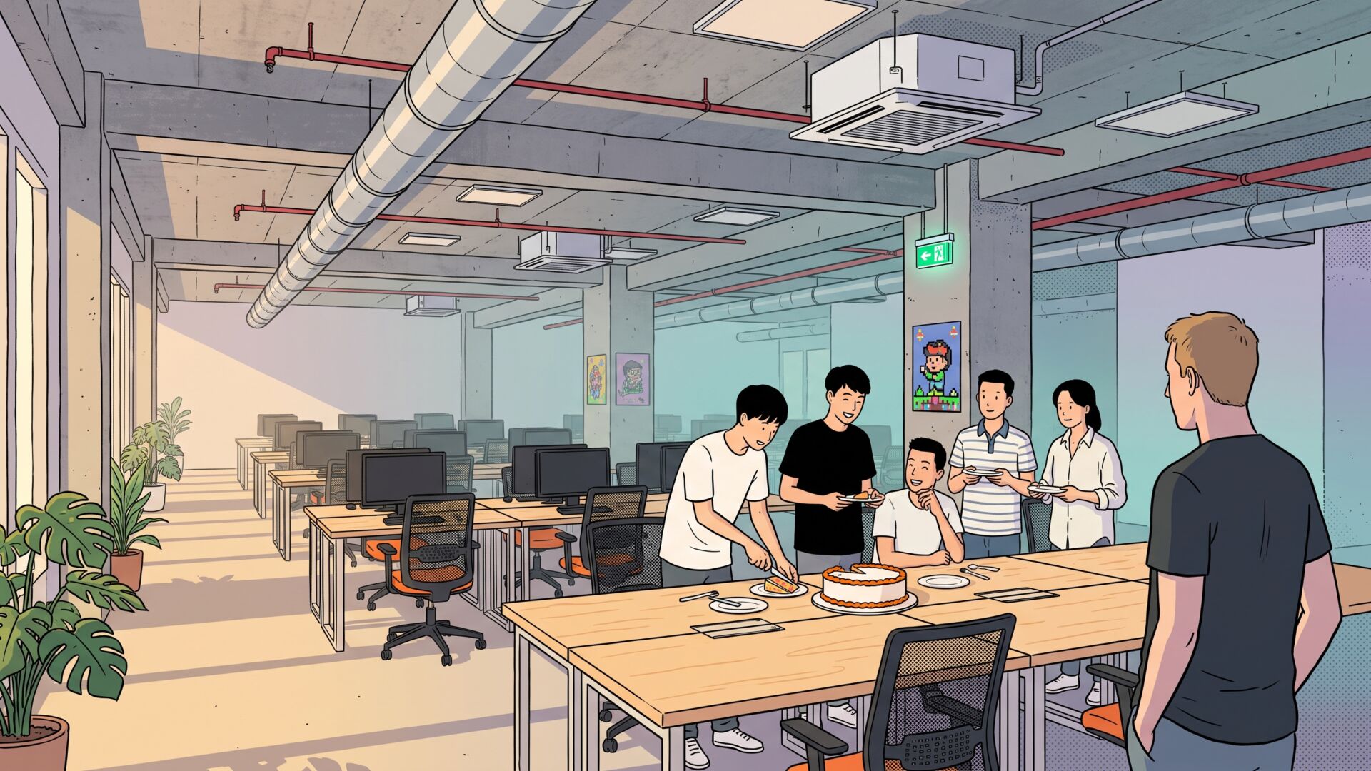 Illustration of an open-plan developer office with an exposed concrete ceiling, silver ducts and rows of wooden desks, where six young Vietnamese interns gather around a cake while a taller European man stands a step apart, watching them in the late afternoon light