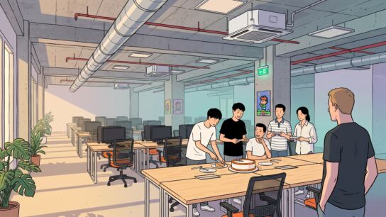 Illustration of an open-plan developer office with an exposed concrete ceiling, silver ducts and rows of wooden desks, where six young Vietnamese interns gather around a cake while a taller European man stands a step apart, watching them in the late afternoon light