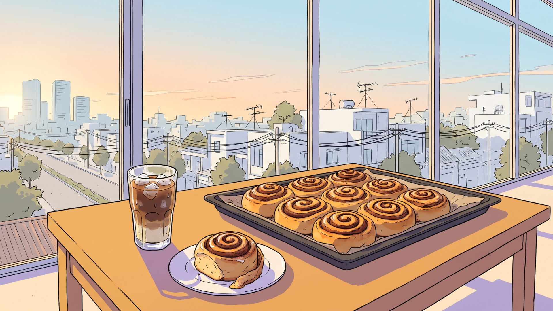 A baking sheet full of golden cinnamon rolls on a wooden table in front of a floor-to-ceiling glass front, one roll on a small plate beside a glass of Vietnamese iced coffee, with Saigon rooftops and distant towers in an early sunset glow