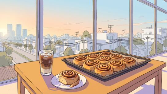 A baking sheet full of golden cinnamon rolls on a wooden table in front of a floor-to-ceiling glass front, one roll on a small plate beside a glass of Vietnamese iced coffee, with Saigon rooftops and distant towers in an early sunset glow