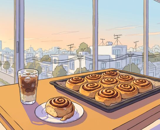 A baking sheet full of golden cinnamon rolls on a wooden table in front of a floor-to-ceiling glass front, one roll on a small plate beside a glass of Vietnamese iced coffee, with Saigon rooftops and distant towers in an early sunset glow