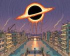A lone figure with a glowing laptop stands on a rooftop above a Sài Gòn canal at night, beneath a colossal black hole whose burning accretion disk drips plasma tendrils toward the city.