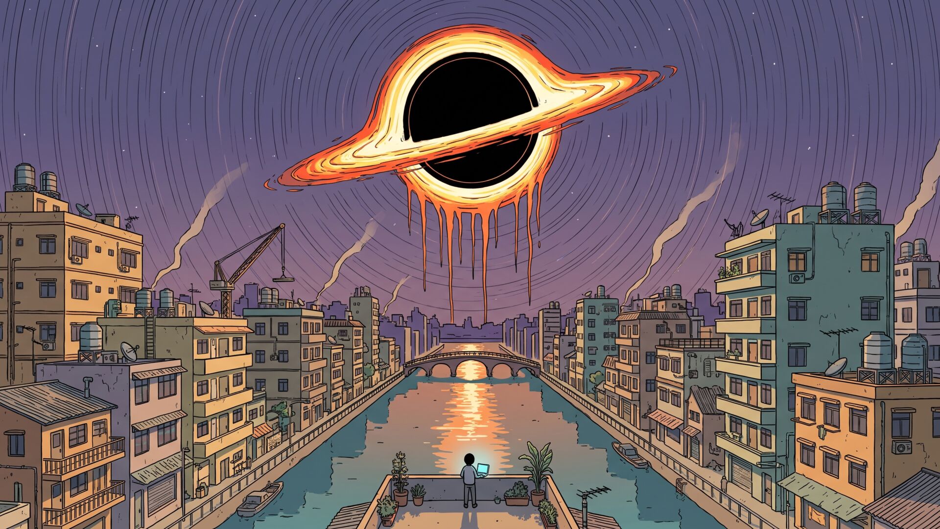 A lone figure with a glowing laptop stands on a rooftop above a Sài Gòn canal at night, beneath a colossal black hole whose burning accretion disk drips plasma tendrils toward the city.
