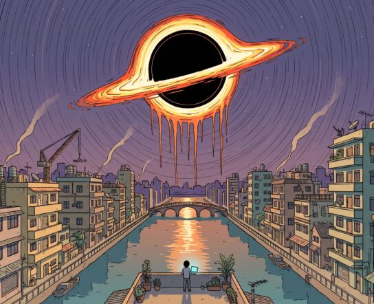 A lone figure with a glowing laptop stands on a rooftop above a Sài Gòn canal at night, beneath a colossal black hole whose burning accretion disk drips plasma tendrils toward the city.