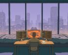 A man seen from behind at a desk with three glowing monitors in a dark high-rise bedroom at night, beds behind him and a window wall with a city skyline framing the scene