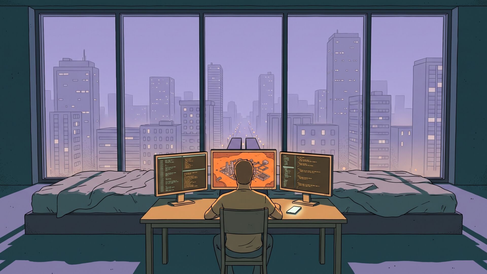 A man seen from behind at a desk with three glowing monitors in a dark high-rise bedroom at night, beds behind him and a window wall with a city skyline framing the scene