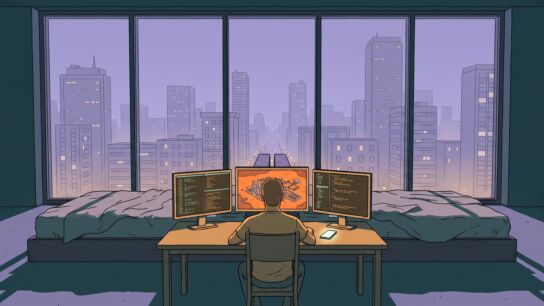 A man seen from behind at a desk with three glowing monitors in a dark high-rise bedroom at night, beds behind him and a window wall with a city skyline framing the scene