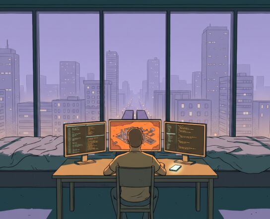A man seen from behind at a desk with three glowing monitors in a dark high-rise bedroom at night, beds behind him and a window wall with a city skyline framing the scene