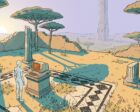 Hand-drawn illustration of a lone pale android seen from behind, standing in sunlit Roman ruins before a beige retro computer on a stone pedestal, umbrella pines and broken columns around it, a tall tower rising in the lavender haze far away.
