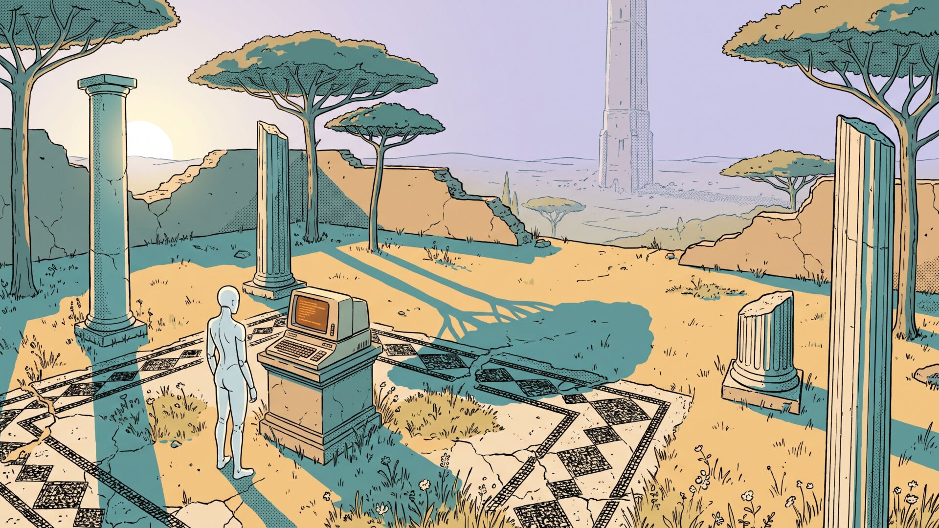 Hand-drawn illustration of a lone pale android seen from behind, standing in sunlit Roman ruins before a beige retro computer on a stone pedestal, umbrella pines and broken columns around it, a tall tower rising in the lavender haze far away.