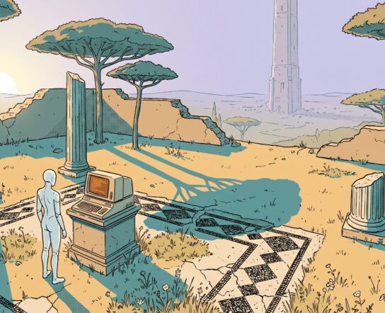 Hand-drawn illustration of a lone pale android seen from behind, standing in sunlit Roman ruins before a beige retro computer on a stone pedestal, umbrella pines and broken columns around it, a tall tower rising in the lavender haze far away.