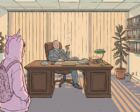 A young person in a pink unicorn hoodie and rainbow backpack, seen from behind, stands in front of a heavy oak desk where an older man in a gray suit leans back with a cigar, vertical blinds and ring binders behind him
