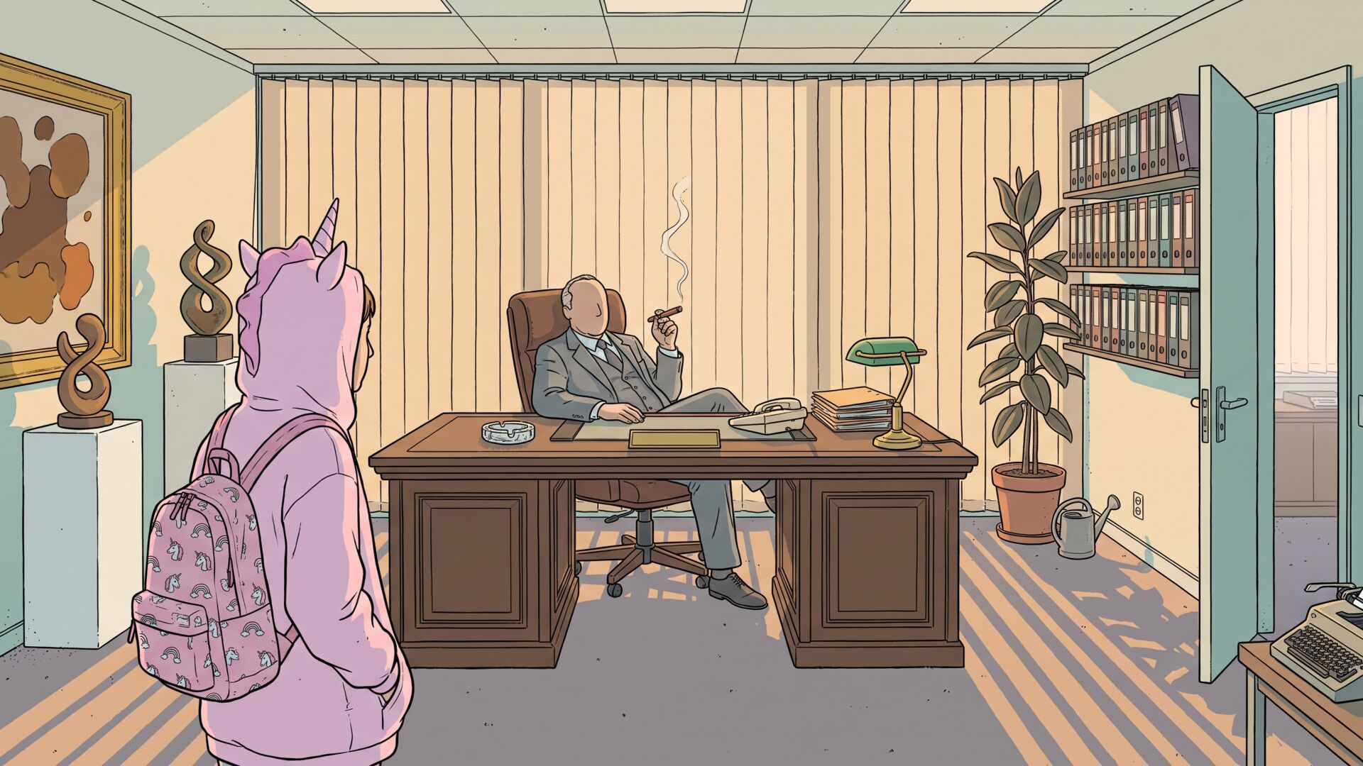 A young person in a pink unicorn hoodie and rainbow backpack, seen from behind, stands in front of a heavy oak desk where an older man in a gray suit leans back with a cigar, vertical blinds and ring binders behind him