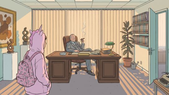 A young person in a pink unicorn hoodie and rainbow backpack, seen from behind, stands in front of a heavy oak desk where an older man in a gray suit leans back with a cigar, vertical blinds and ring binders behind him