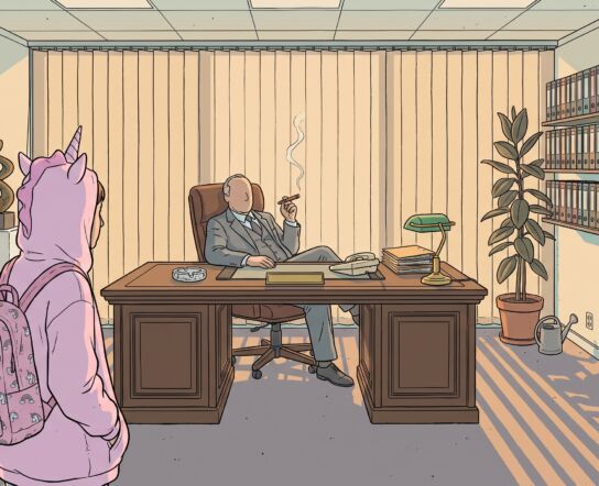 A young person in a pink unicorn hoodie and rainbow backpack, seen from behind, stands in front of a heavy oak desk where an older man in a gray suit leans back with a cigar, vertical blinds and ring binders behind him