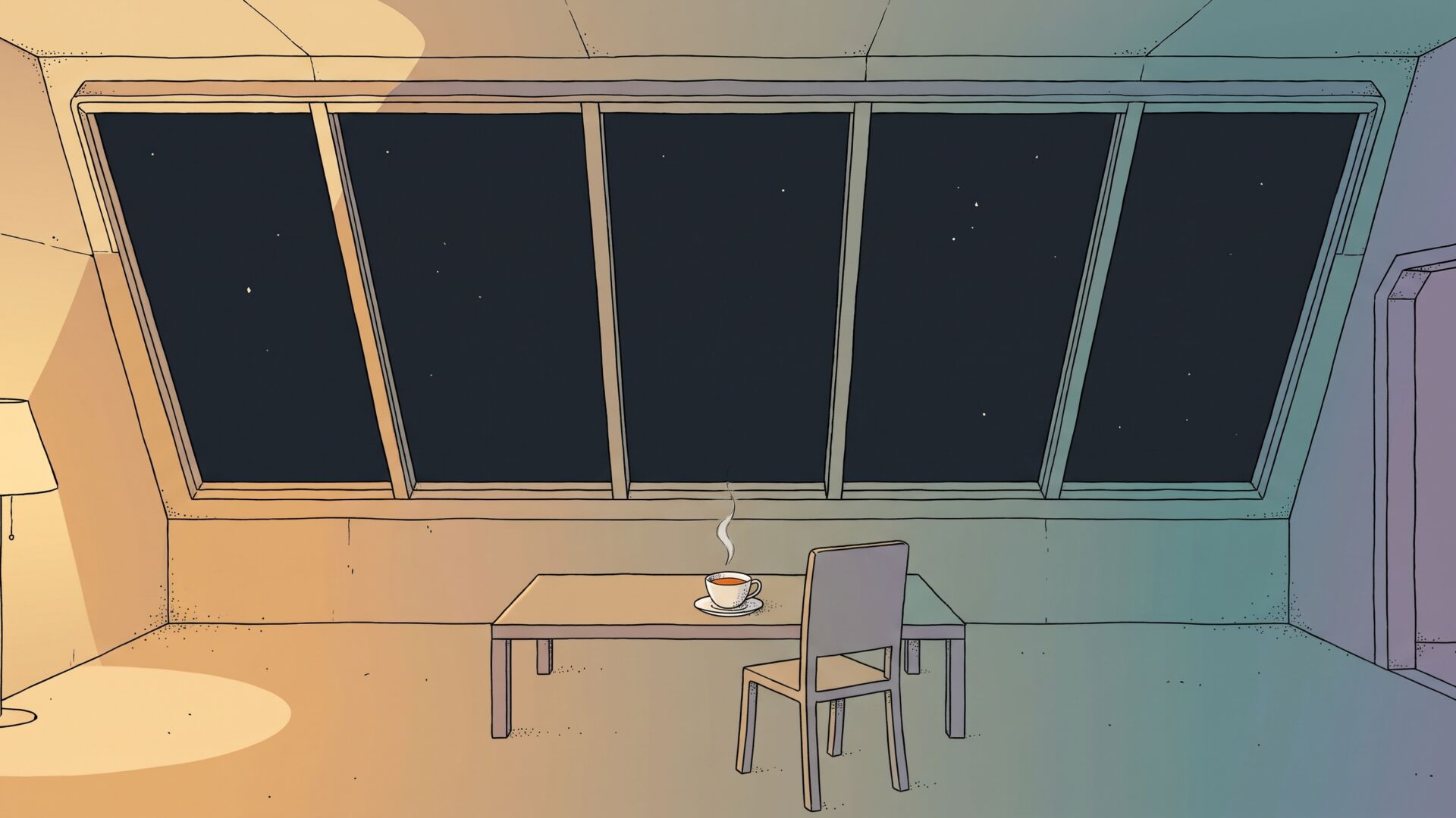 An empty room aboard a spaceship at night, a wide slanted window opening onto dark, almost starless space, a low table with a single steaming cup of tea and an empty chair pushed back from it