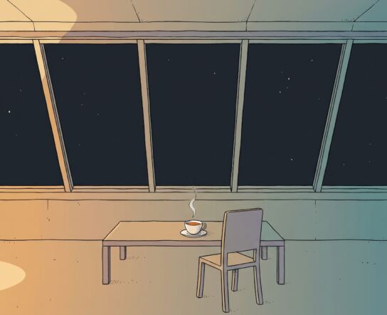 An empty room aboard a spaceship at night, a wide slanted window opening onto dark, almost starless space, a low table with a single steaming cup of tea and an empty chair pushed back from it