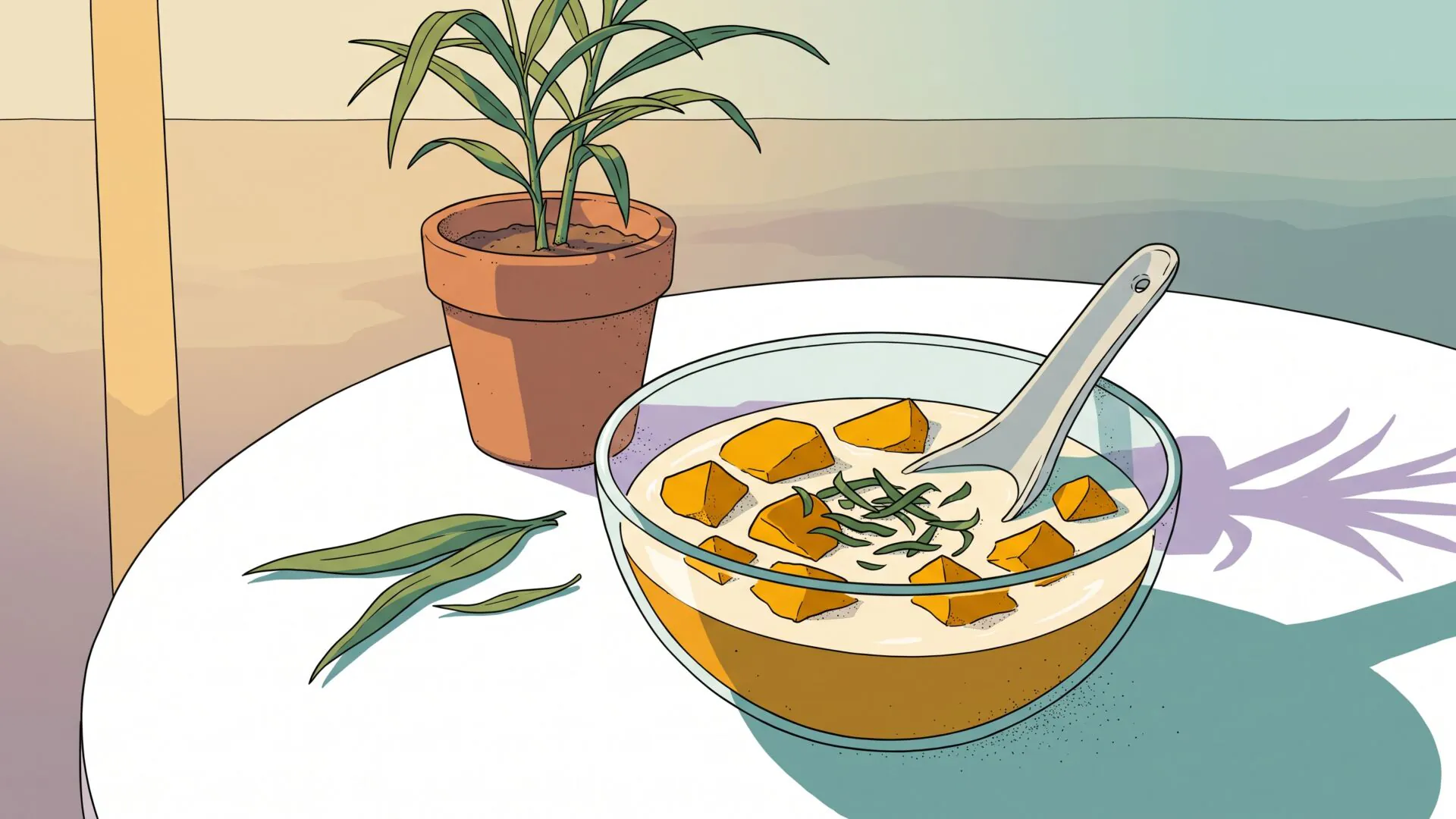 Illustration of a glass bowl of pumpkin chunks in coconut milk flecked with sliced ginger leaves, a soup spoon in the bowl and a small potted ginger plant behind it