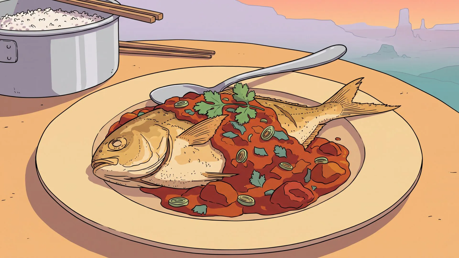 Illustration of a whole fried pompano on a white plate under a chunky tomato sauce with green onion and coriander, a pot of rice and chopsticks in the background