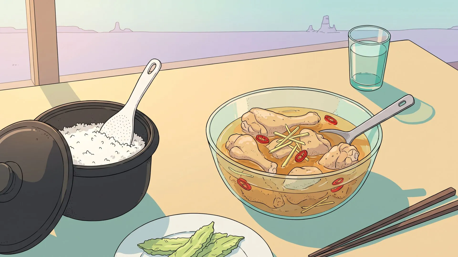 Illustration of a glass bowl of ginger braised chicken in a golden broth with ginger strips and red chili, next to a rice cooker full of white rice and a plate of winged beans