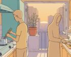 Illustration of a small Saigon apartment kitchen at dusk: one man stirs a pot at a gas stove next to a propped-up phone, another slices ginger at a cutting board, a potted ginger plant on the balcony behind them