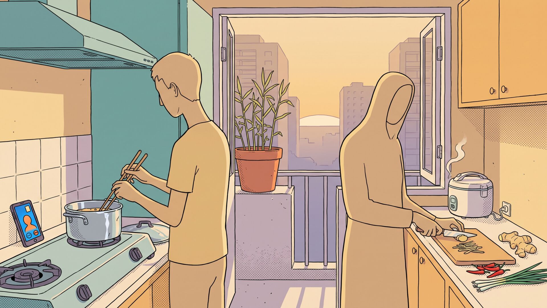 Illustration of a small Saigon apartment kitchen at dusk: one man stirs a pot at a gas stove next to a propped-up phone, another slices ginger at a cutting board, a potted ginger plant on the balcony behind them