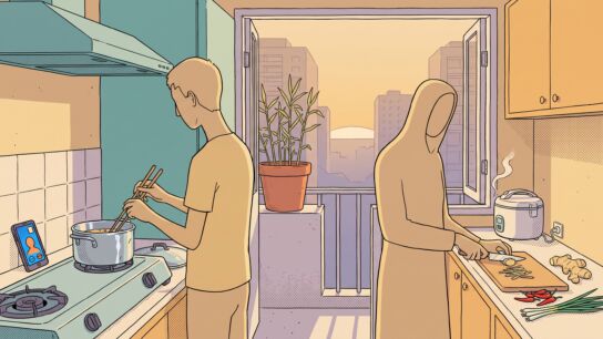 Illustration of a small Saigon apartment kitchen at dusk: one man stirs a pot at a gas stove next to a propped-up phone, another slices ginger at a cutting board, a potted ginger plant on the balcony behind them