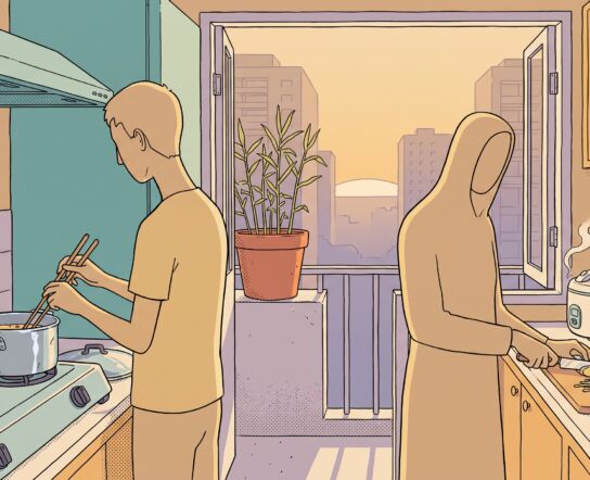 Illustration of a small Saigon apartment kitchen at dusk: one man stirs a pot at a gas stove next to a propped-up phone, another slices ginger at a cutting board, a potted ginger plant on the balcony behind them