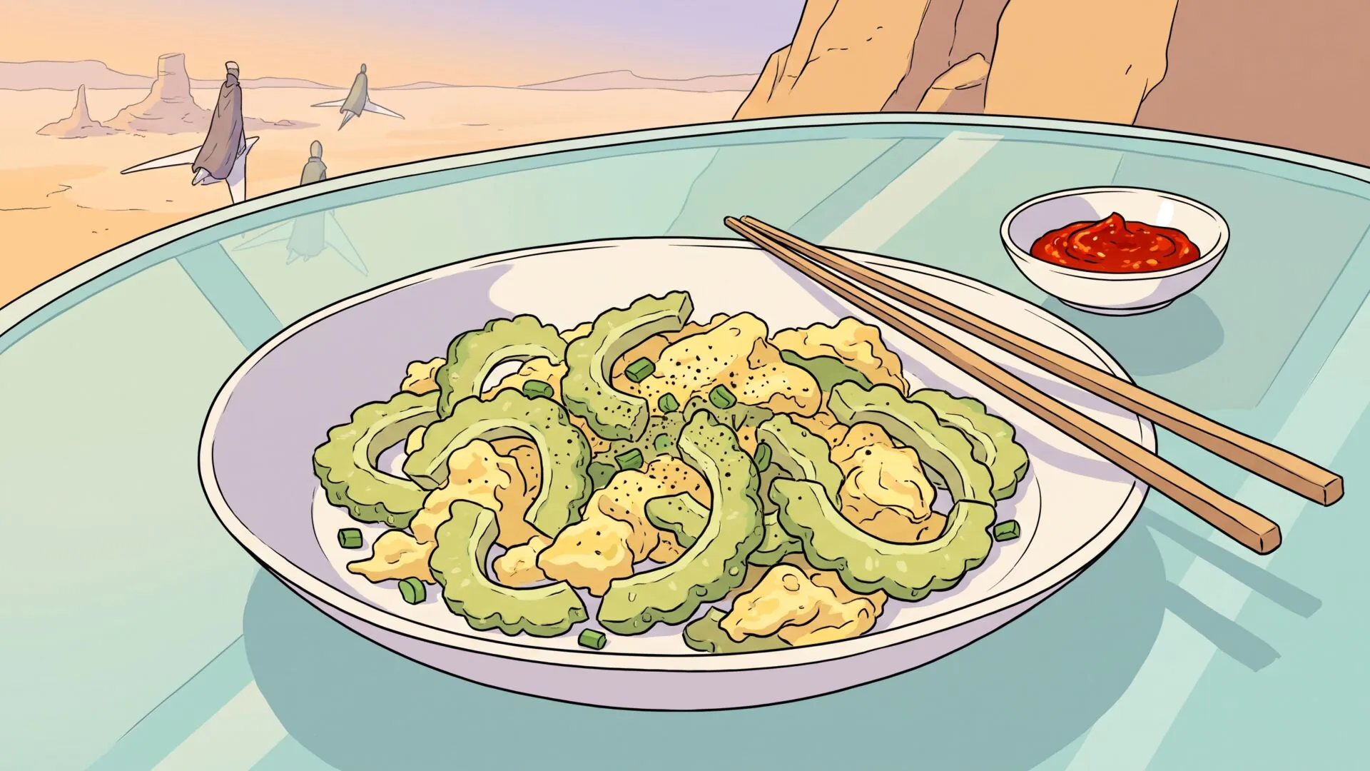 Illustration of a white plate of thinly sliced bitter melon stir-fried with scrambled egg and green onion, chopsticks on the rim and a small bowl of red chili sauce beside it