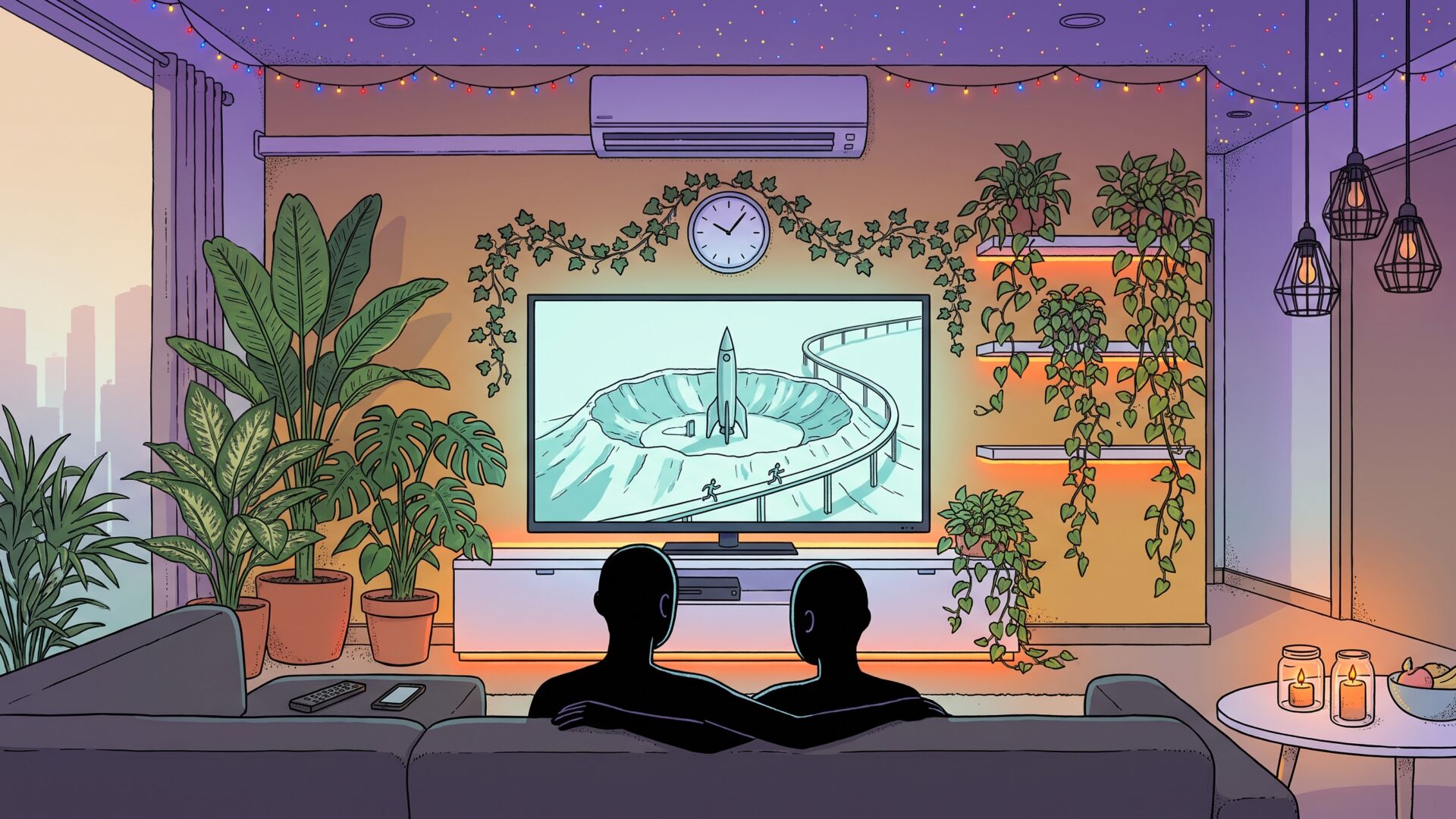 Two figures seen from behind on a dark sofa watching a TV that shows a volcano lair with a rocket and a monorail, the screen framed by tropical houseplants, an orange LED strip under the cabinet, fairy lights across a violet ceiling and candle jars on a small round table
