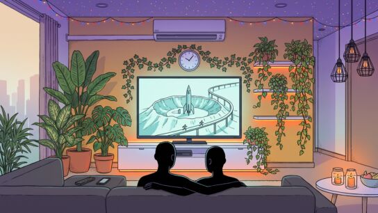 Two figures seen from behind on a dark sofa watching a TV that shows a volcano lair with a rocket and a monorail, the screen framed by tropical houseplants, an orange LED strip under the cabinet, fairy lights across a violet ceiling and candle jars on a small round table