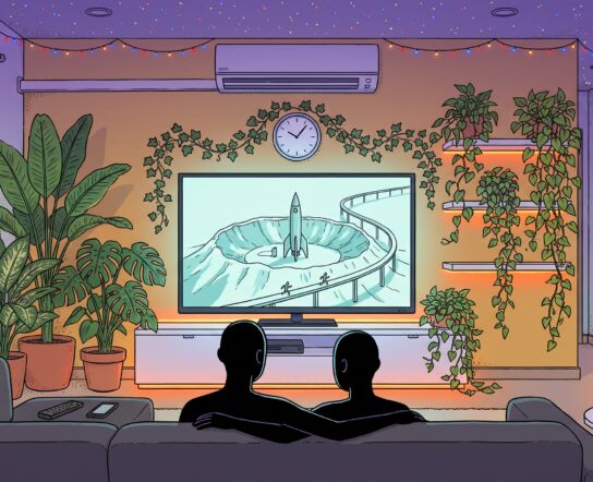 Two figures seen from behind on a dark sofa watching a TV that shows a volcano lair with a rocket and a monorail, the screen framed by tropical houseplants, an orange LED strip under the cabinet, fairy lights across a violet ceiling and candle jars on a small round table