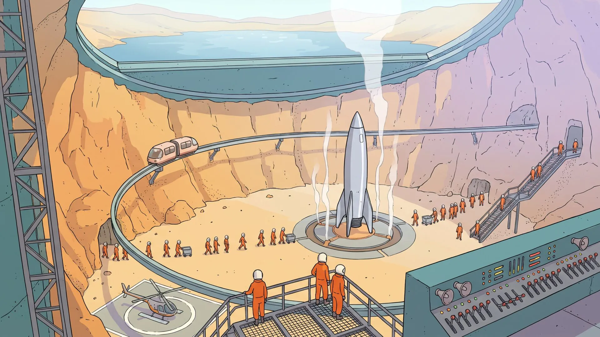 The inside of a hollowed-out volcano turned into a villain base, with a silver rocket on a launch pad, a monorail train curving along the crater wall, a sliding roof disguised as a lake, a helicopter on a helipad and rows of tiny figures in orange jumpsuits running across the crater floor