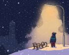 A small child in a navy snowsuit and bobble hat stands with head tipped back under a single orange-glowing streetlamp on a snowy hilltop at night, a wooden sled beside them and a church tower with an onion dome faint in the dark behind