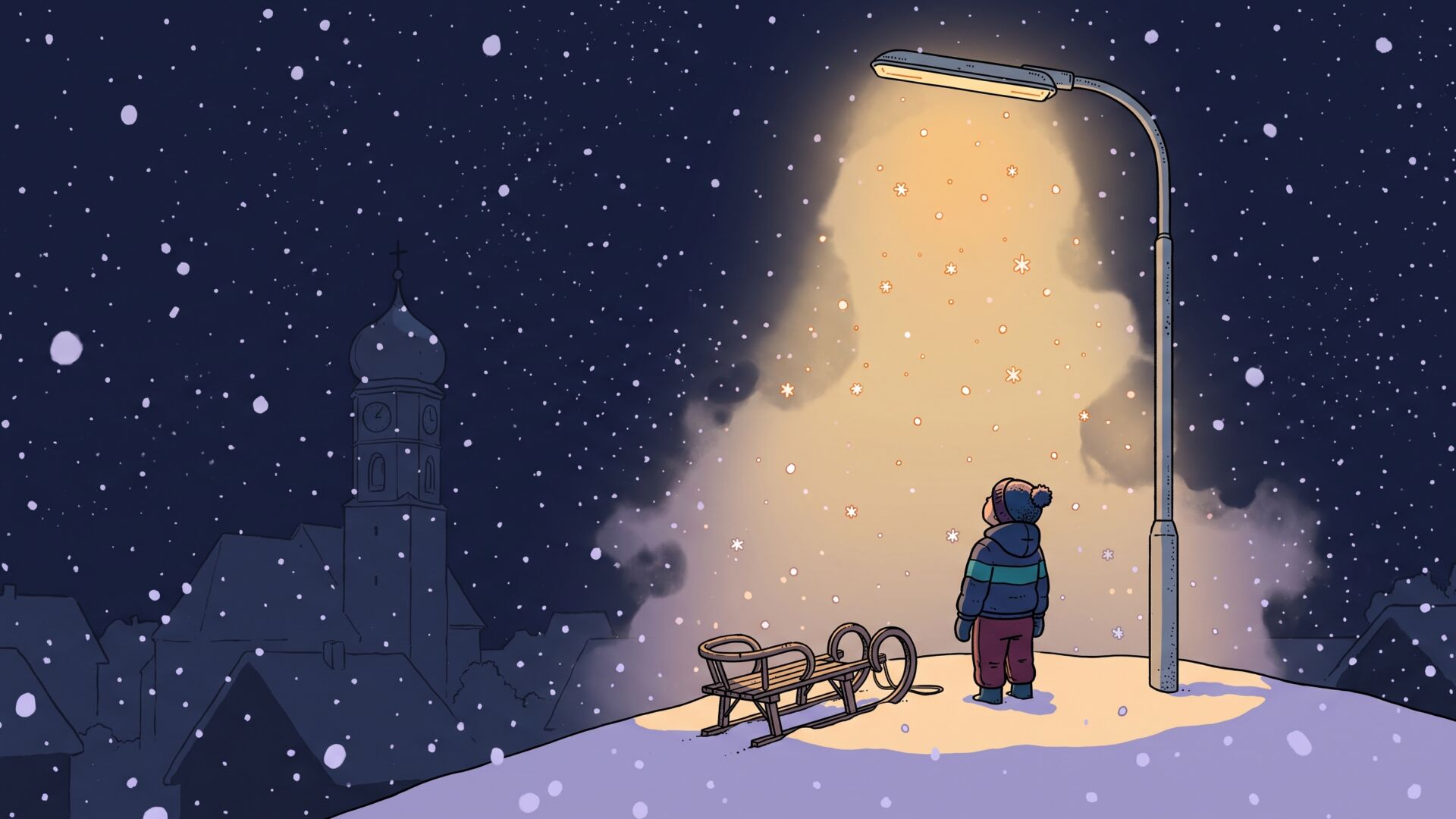 A small child in a navy snowsuit and bobble hat stands with head tipped back under a single orange-glowing streetlamp on a snowy hilltop at night, a wooden sled beside them and a church tower with an onion dome faint in the dark behind