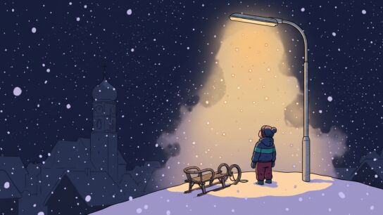 A small child in a navy snowsuit and bobble hat stands with head tipped back under a single orange-glowing streetlamp on a snowy hilltop at night, a wooden sled beside them and a church tower with an onion dome faint in the dark behind