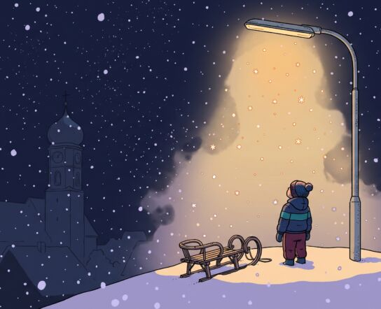 A small child in a navy snowsuit and bobble hat stands with head tipped back under a single orange-glowing streetlamp on a snowy hilltop at night, a wooden sled beside them and a church tower with an onion dome faint in the dark behind
